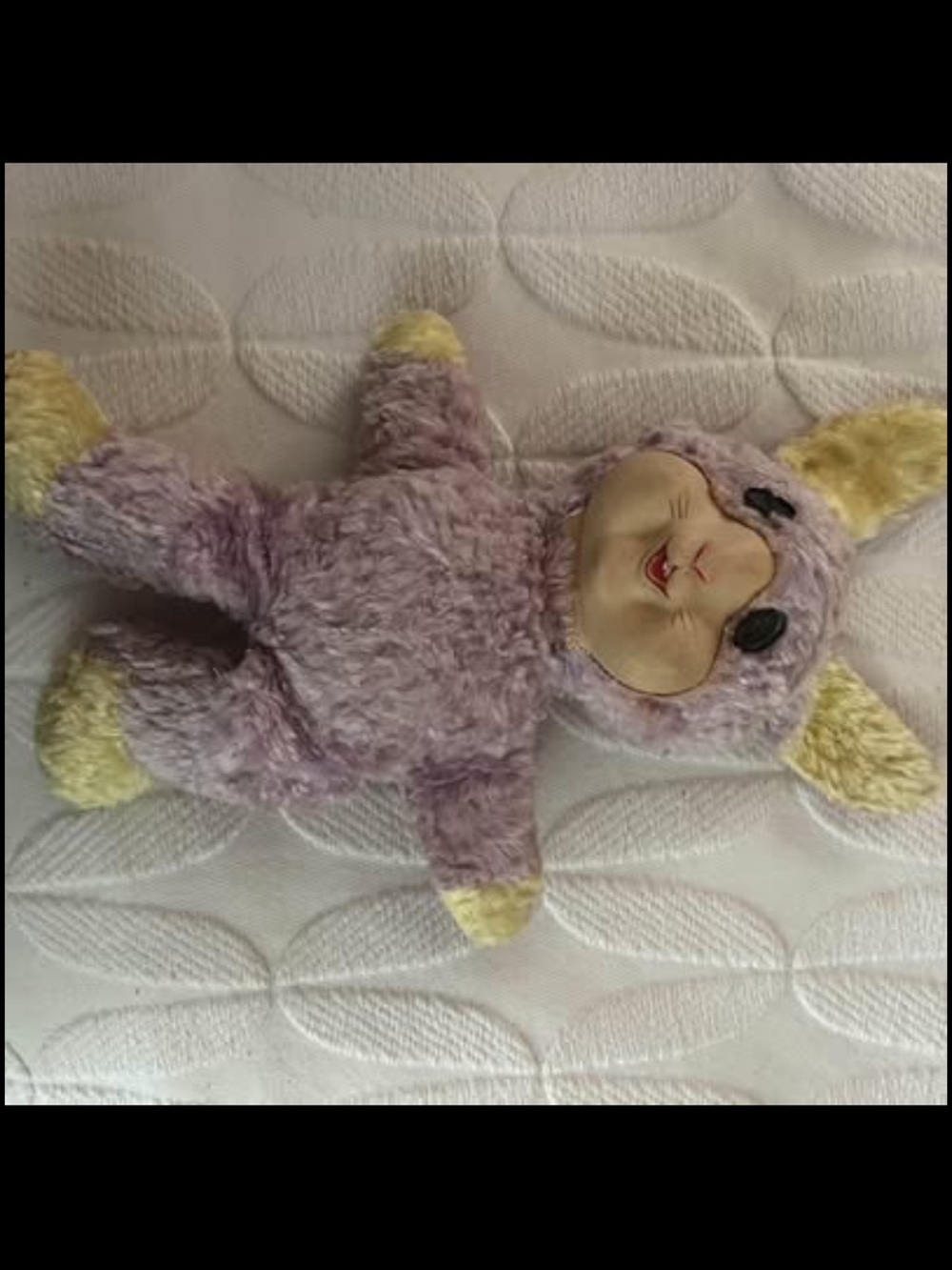 Vintage Plush Bunny Rabbit Doll in Lavender with Yellow Ears. Rubber face. - Picture 4 of 5
